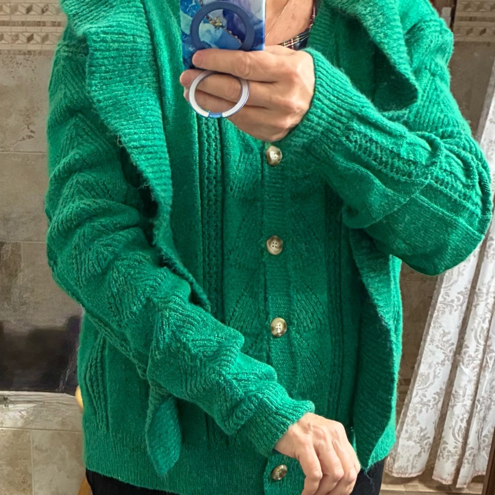 Bulky Green Ruffled Cardigan Sweater